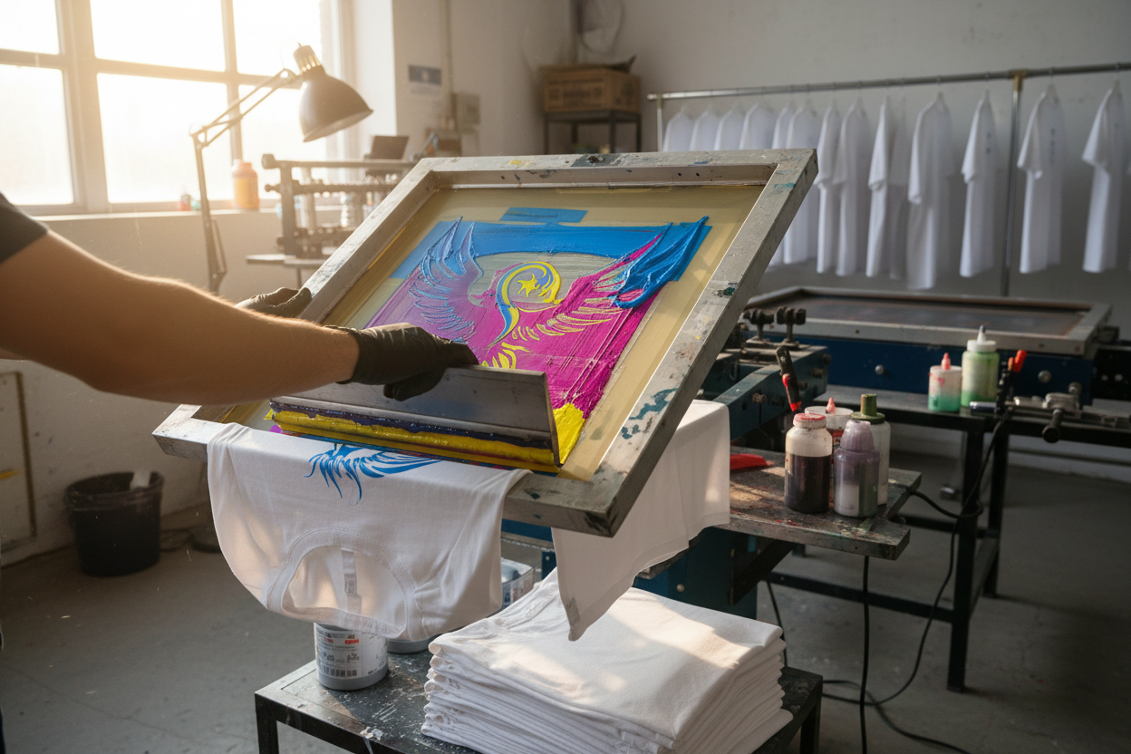 Tshirt welches mittels Siebdruck bedruckt wird